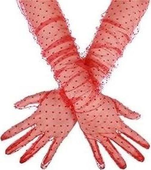 Uzun Boy Kırmızı Puantiyeli Kırmızı Renk Yetişkin Tül Eldiven 55 Cm