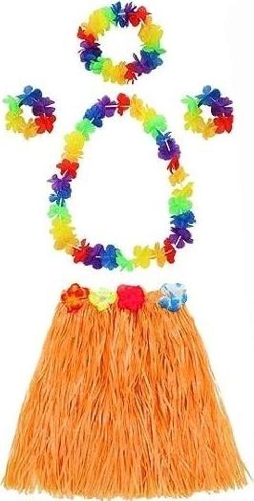 Yetişkin Ve Çocuk Uyumlu Luau Aloha Hawaii Turuncu Etek Ve Renkli Kolye Taç 2 Adet Bileklik Seti