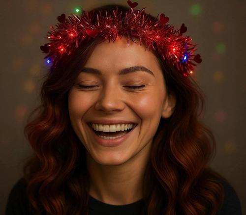 Kalp Püsküllü Gece Parıltısı 3 Modlu Led39li Işıklı Taç Kırmızı Renk