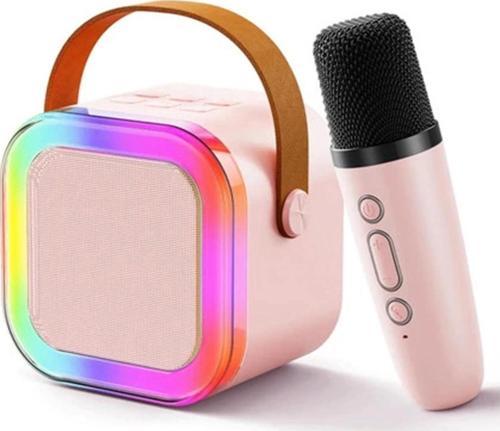 Karaoke Kablosuz Hoparlör Mikrofonlu Rgb Işıklı Bluetooth Speaker Tf Kart/usb Pembe