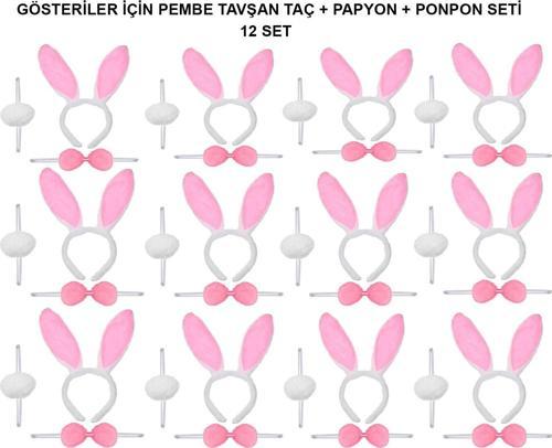 Pembe Tavşan Kostüm Seti – Taç, Papyon, Ponpon (12’li Paket)