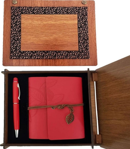 Ahşap Kutulu Kırmızı Deri Defter Ve Metal Kalem Set