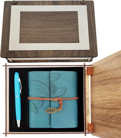 Özel Ahşap Kutulu Mavi Deri Defter Ve Kalem Set