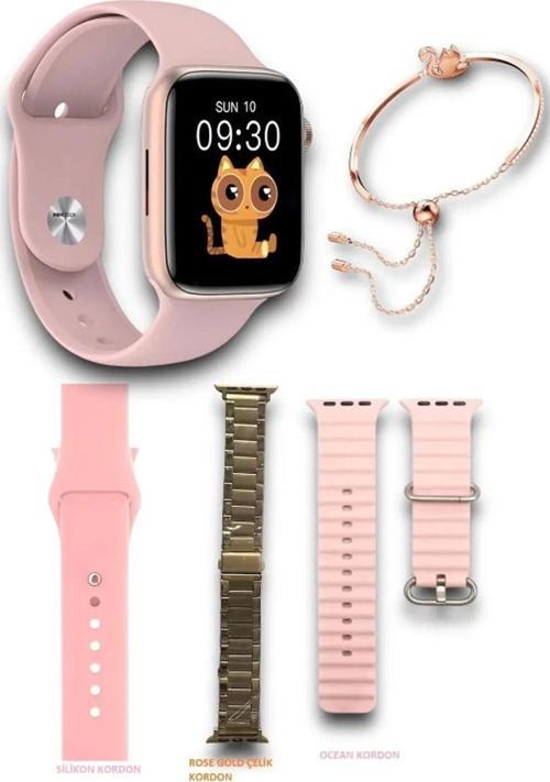 G9 Mini Rose Gold 41mm Kadın Akıllı Saat 3 Kordon Ve Bileklik Hediyeli Akıllı Saat