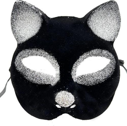 Siyah Renk Gümüş Simli Süet Kaplama Kedi Maskesi 18x14 Cm