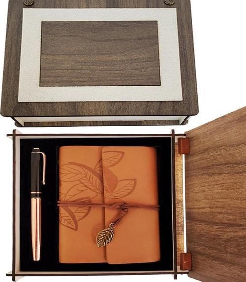 Özel Ahşap Kutulu Taba Deri Defter Ve Bakır Roller Kalem Set