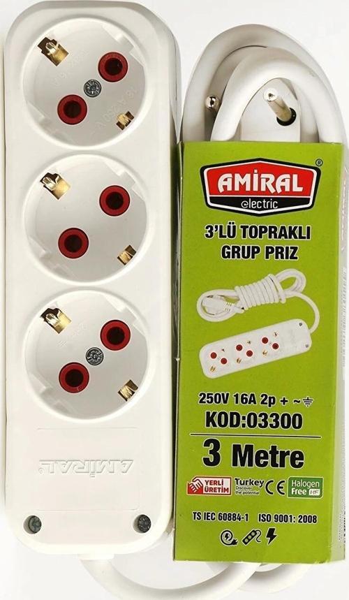 Amiral 3' Lü Topraklı 3 Metre Kablolu Grup Priz