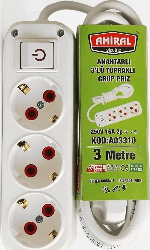 Amiral 3' Lü Topraklı Anahtarlı 3 Metre Kablolu Grup Priz