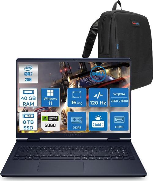 Alienware 16 Aurora Intel Core 7 240H 40GB Ddr5 8tb SSD Windows 11 Home 8gb RTX5060 16 Inç 2K(2560×1600) Wqxga 120Hz Wva Gaming Laptop AC16250C716156WH28 + Zetta Çanta