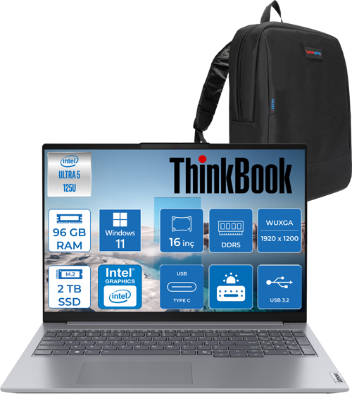 Thinkbook 16 G7 Iml Intel Ultra 5 125U 96GB Ddr5 2tb SSD Intel® Aı Boost 16" Wuxga 300NITS IPS Windows 11 Home Taşınabilir Bilgisayar 21MS005KTRH39 + Zetta Çanta