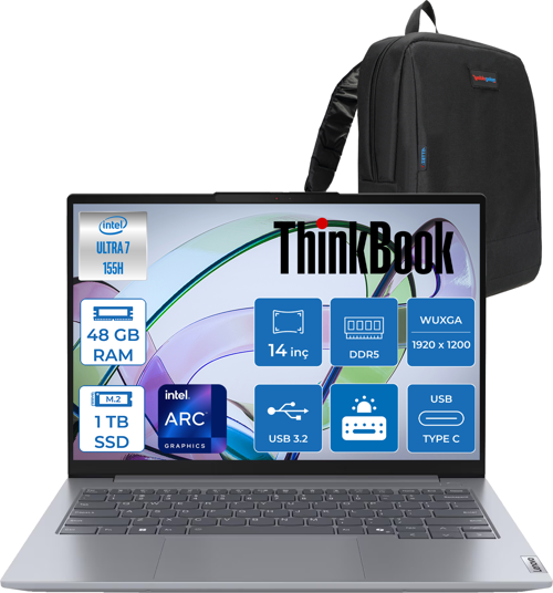 Thinkbook 14 G7 Iml Intel Ultra 7 155H 48GB Ddr5 1tb SSD Intel® Aı Boost 14" Wuxga 300NITS IPS Freedos Taşınabilir Bilgisayar 21MR0050TRF23 + Zetta Çanta