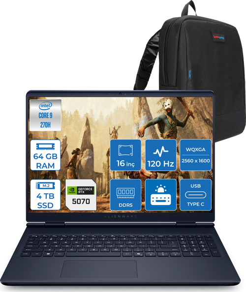 Alienware 16 Aurora Intel Core I9-270H Aı 64GB GB 4tb SSD 8GB/RTX5070 Gddr7 115W 16" 2.5k 2560 x 1600 Wqxga 120Hz  Freedos Taşınabilir Bilgisayar WAC16250-C932157F31+ZETTAÇANTA