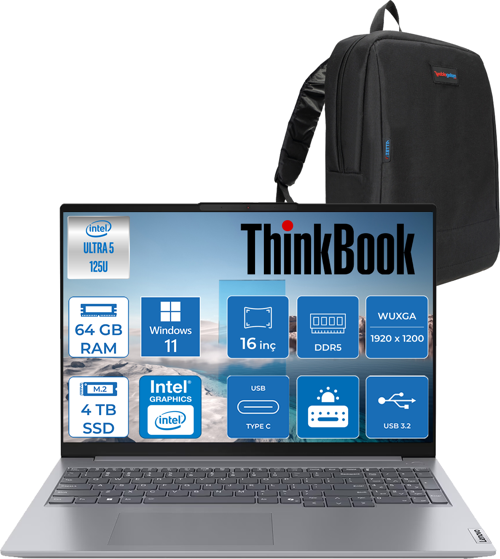 Thinkbook 16 G7 Iml Intel Ultra 5 125U 64GB Ddr5 4tb SSD Intel® Aı Boost 16" Wuxga 300NITS IPS Windows 11 Pro Taşınabilir Bilgisayar 21MS005KTRP30 + Zetta Çanta