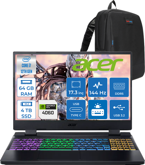 Nitro 5 AN517-55- Intel  I7-12650H 64GB Ddr5 4tb SSD 8GB/RTX4060 140W IPS 17.3" 144Hz Full Hd Freedos Gaming Laptop NHQLFEY004F25+ZETTAÇANTA