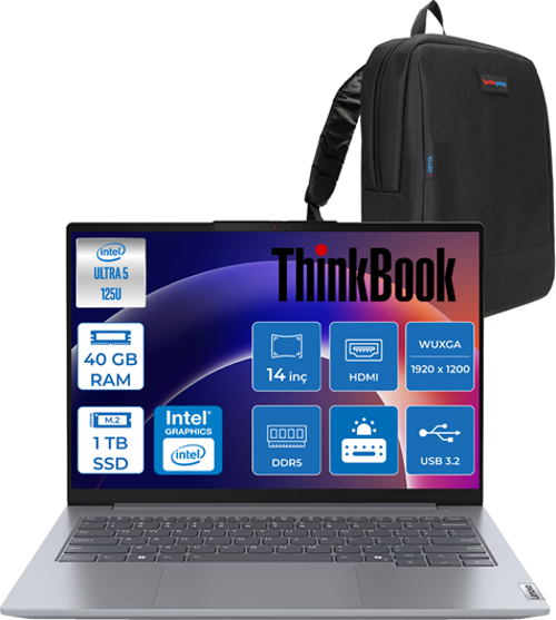 Thinkbook 14 G7 Intel Ultra 5 125U 40GB Ddr5 1tb SSD Intel Graphics 14" Wuxga IPS 300NITS Windows 11 Home Taşınabilir Bilgisayar 21MR0095TRH14 + Zettaçanta