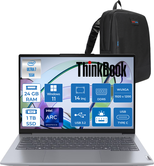 Thinkbook 14 G7 Iml Intel Ultra 7 155H 24GB Ddr5 1tb SSD Intel® Aı Boost 14" Wuxga 300NITS IPS Windows 11 Home Taşınabilir Bilgisayar 21MR0050TRH08 + Zetta Çanta