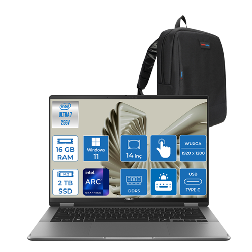 Vivobook 14 Flip Intel Core Ultra 7 256V 16GB LPDDR5X 2tb SSD Intel Arc Graphics 14.0" Wuxga OLED 400NIT Windows 11 Pro Dokunmatik Taşınabilir Bilgisayar TP3407SA03 + Zettaçanta