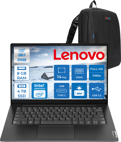 V14 Gen4 Iru Intel Core I7 13620H 8gb 4tb SSD Freedos Intel® UHD Graphics 14 Inç Fullhd Taşınabilir Bilgisayar 83A000GDTRF05 + Zetta Çanta