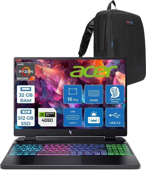 Nitro 16 AN16-42 Amd R7 8845HS Aı 32GB Ddr5 512GB SSD 8GB/RTX4060 140W 16" Wuxga 180Hz IPS Freedos Taşınabilir Bilgisayar NHQSKEY004F07+ZETTAÇANTA