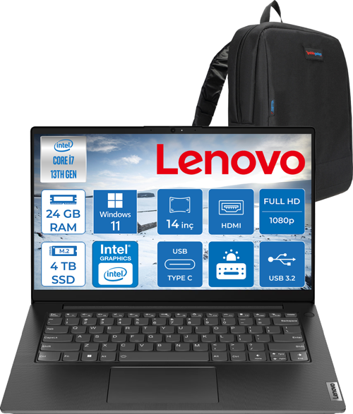 V14 Gen4 Iru Intel Core I7 13620H 24GB 4tb SSD Windows 11 Pro Intel® UHD Graphics 14 Inç Fullhd Taşınabilir Bilgisayar 83A000GDTRP20 + Zetta Çanta