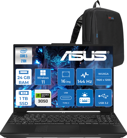 Tuf Gaming F16 FX607VJ Intel Core I5-210H 24GB 1tb SSD RTX3050 6gb 16 Inç Wuxga 144Hz IPS Windows 11 Pro Gaming Notebook RL033P13 + Zetta Çanta