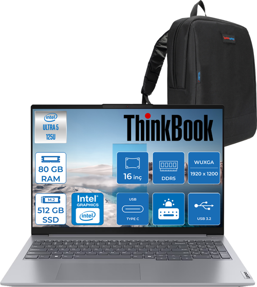 Thinkbook 16 G7 Iml Intel Ultra 5 125U 80GB 512GB SSD Intel® Aı Boost 16" Wuxga 300NITS IPS Freedos Taşınabilir Bilgisayar 21MS005KTRF32 + Zetta Çanta
