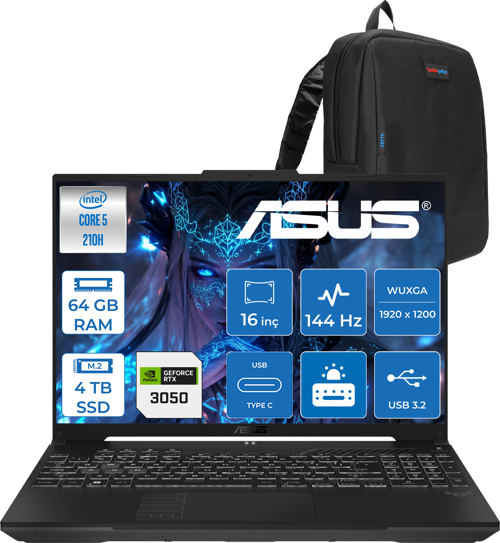 Tuf Gaming F16 FX607VJ Intel Core I5-210H 64GB 4tb SSD RTX3050 6gb 16 Inç Wuxga 144Hz IPS Freedos Gaming Notebook RL033F35 + Zetta Çanta