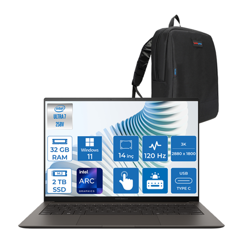 Zenbook S 14 Intel Core Ultra 7 258V 32GB LPDDR5X 2tb SSD Intel Arc Graphics 14" 3k OLED (2880 x 1800) 120hz 500NIT Windows 11 Pro Dokunmatik Taşınabilir Bilgisayar UX5406SA03 + Zettaçanta