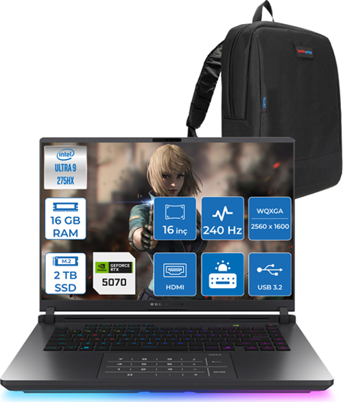 Rog Strix G16 Intel Core Ultra 9 275HX 16GB Ddr5 2tb SSD 8GB/RTX5070/115W 16" 2.5k 240Hz 3ms IPS Freedos Taşınabilir Bilgisayar S5116F03 + Zettaçanta