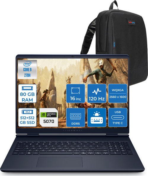 Alienware 16 Aurora Intel Core I9-270H Aı 80GB GB 512GB+512GB 8GB/RTX5070 Gddr7 115W 16" 2.5k 2560 x 1600 Wqxga 120Hz  Freedos Gaming Laptop WAC16250-C932157F34+ZETTAÇANTA