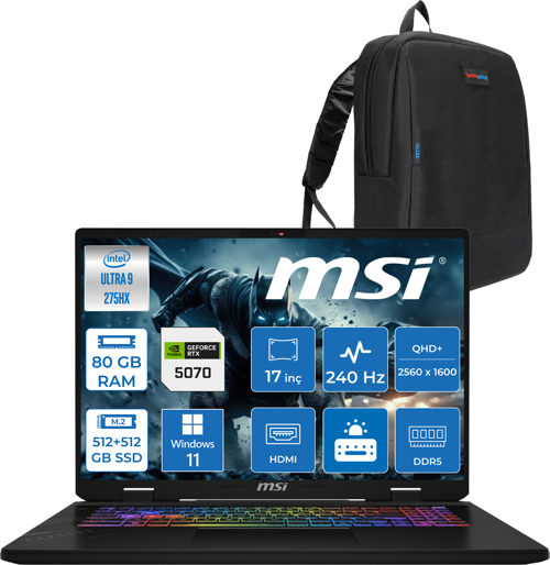Crosshaır 17 Hx Aı D2XWGKG-017TR Intel Core Ultra 9-275HX Aı 80GB 512GB+512GB SSD 8GB/RTX5070 Gddr7 115W 18"2.5k (2560 x 1600, Wqxga) 240Hz  WINDOWS11PRO Gaming Laptop W017TRP34+ZETTAÇANTA
