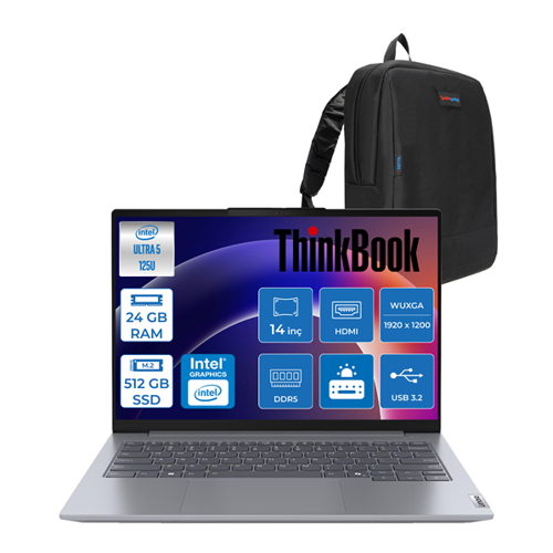 Thinkbook 14 G7 Intel Ultra 5 125U 24GB Ddr5 512GB SSD Intel Graphics 14" Wuxga IPS 300NITS Windows 11 Pro Taşınabilir Bilgisayar 21MR0095TRH05 + Zettaçanta