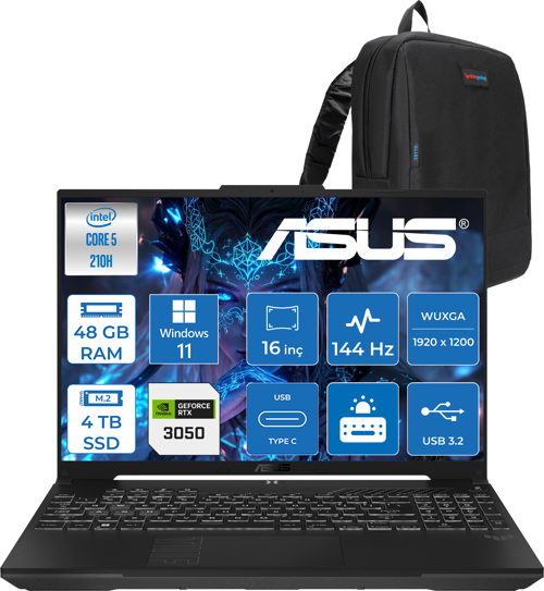 Tuf Gaming F16 FX607VJ Intel Core I5-210H 48GB 4tb SSD RTX3050 6gb 16 Inç Wuxga 144Hz IPS Windows 11 Home Gaming Notebook RL033H30 + Zetta Çanta