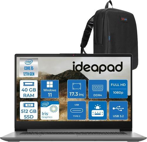 Ideapad 3 17IAU7 Intel Core I5-1235U 40GB 512GB SSD Windows 11 Home Intel Iris Xe Graphics IPS 17.3 Inç Fullhd 300NITS Taşınabilir Bilgisayar 82RL00CLTXH22 + Zetta Çanta