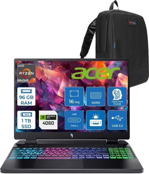 Nitro 16 AN16-42 Amd R7 8845HS Aı 96GB Ddr5 1tb SSD 8GB/RTX4060 140W 16" Wuxga 180Hz IPS Freedos Taşınabilir Bilgisayar NHQSKEY004F28+ZETTAÇANTA