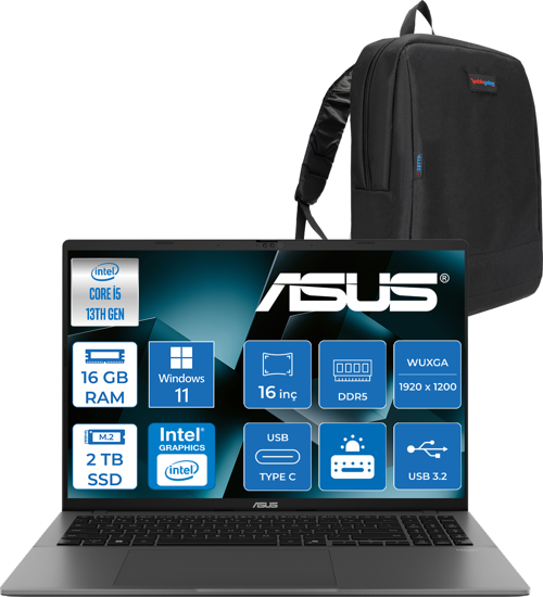 Vivobook S16 S3607VA Intel Core I5 13420H Ddr5 40GB 512GB SSD Windows 11 Pro 16" 300NITS Wuxga IPS 144HZ Taşınabilir Bilgisayar RP076P09 + Zetta Çanta