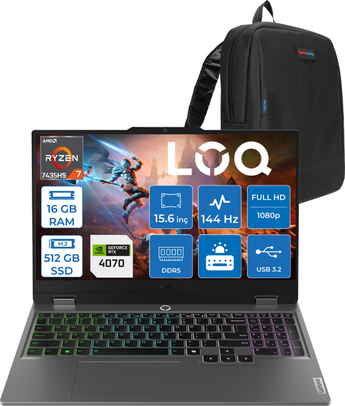 Loq 15ARP9 Amd Ryzen 7 7435HS 16GB Ddr5 512GB SSD Freedos 4070 8gb 115W 15.6" Fhd (1920X1080) IPS 300NITS 144Hz Taşınabilir Bilgisayar 83JC00FGTRF02 + Zetta Çanta