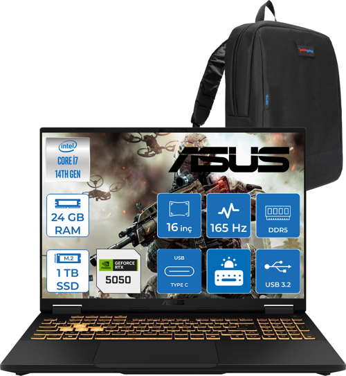 Tuf Gaming F16 FX608JHR 14. Nesil Intel I7-14650HX 24GB Ddr5 1tb SSD 8GB/RTX5050 115W 165Hz 16"wuxga Fhd+ 300NITS IPS Freedos Gaming Bilg. WRV055F03+ZETTAÇANTA