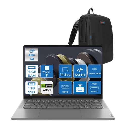 Yoga Pro 7 Intel Core Ultra 7 155H 16GB LPDDR5X 1tb SSD 6GB/RTX4050 14,5" 2,8k Wqxga+ (2880X1800) OLED 400NIT 120Hz Windows 11 Pro Taşınabilir Bilgisayar 14IMH950P02 + Zettaçanta