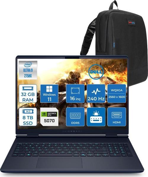 Alienware 16X Aurora Intel Core Ultra 9 275HX 32GB Ddr5 8tb SSD Windows 11 Pro 8gb RTX5070 16 Inç 2K(2560×1600) Wqxga 240Hz 3ms Wva Taşınabilir Bilgisayar AC16251CU932157WP21 + Zetta Çanta