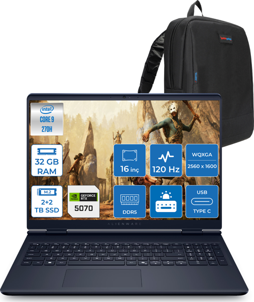 Alienware 16 Aurora Intel Core I9-270H Aı 32GB GB 2tb Ssd+2tb SSD 8GB/RTX5070 Gddr7 115W 16" 2.5k 2560 x 1600 Wqxga 120Hz  Freedos Gaming Laptop WAC16250-C932157F14+ZETTAÇANTA