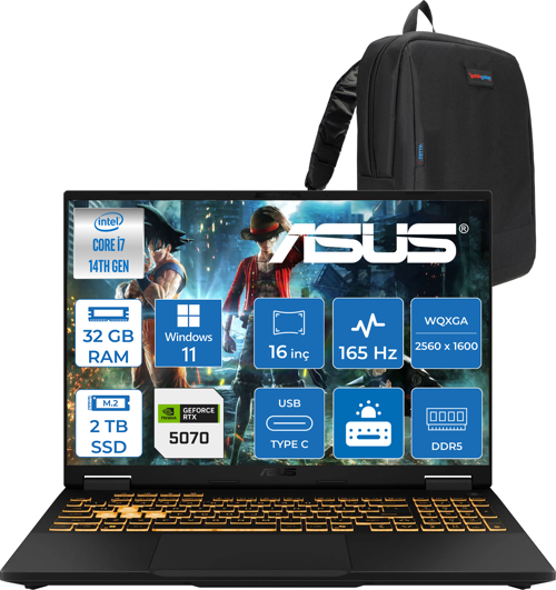 Tuf Gaming F16 FX608JPR 14. Nesil Intel I7-14650HX 48GB Ddr5 1tb SSD 8GB/RTX5070 115W 165Hz 16"wqxga 2.5k 400NITS IPS Windows 11 Home Gaming Bilg. WQT070H13+ZETTAÇANTA