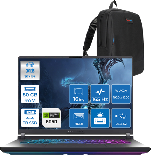 Rog Strix G16 G615JH-RV053 Intel Core I5-13450HX 80GB 4tb+4tb SSD 8GB/RTX5050 Gddr7 115W 16" Wuxga 165Hz 3ms IPS Freedos Gaming Laptop WRX053F40+ZETTAÇANTA