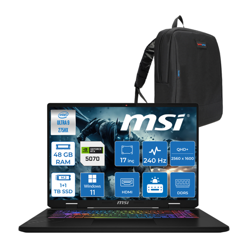 Crosshaır 17 Hx Aı D2XWGKG-017TR Intel Core Ultra 9-275HX Aı 48GB 1tb Ssd+1tb SSD 8GB/RTX5070 Gddr7 115W 18"2.5k (2560 x 1600, Wqxga) 240Hz  WINDOWS11HOME Gaming Laptop W017TRH20+ZETTAÇANTA
