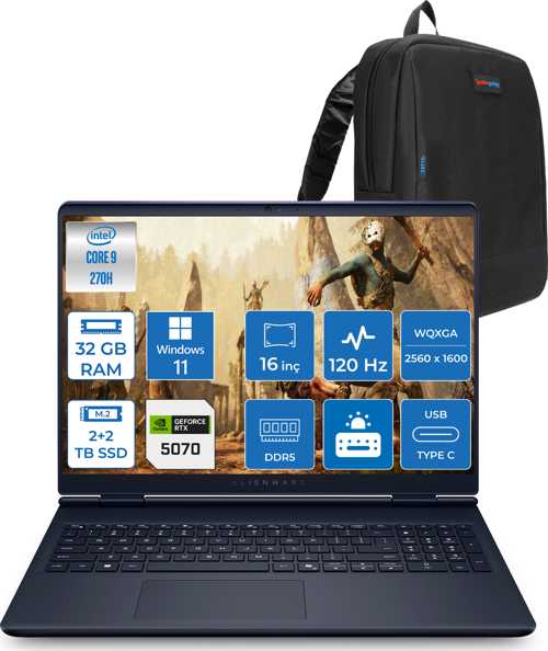 Alienware 16 Aurora Intel Core I9-270H Aı 32GB GB 2tb Ssd+2tb SSD 8GB/RTX5070 Gddr7 115W 16" 2.5k 2560 x 1600 Wqxga 120Hz  WIN11HOME Gaming Laptop WAC16250-C932157H14+ZETTAÇANTA