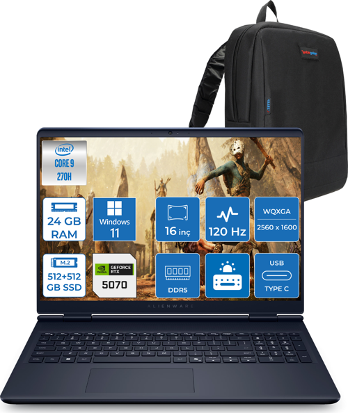 Alienware 16 Aurora Intel Core I9-270H Aı 24GB GB 512GB SSD +512GB SSD 8GB/RTX5070 Gddr7 115W 16" 2.5k 2560 x 1600 Wqxga 120Hz  WIN11HOME Gaming Laptop WAC16250-C932157H02+ZETTAÇANTA