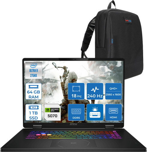 Crosshaır 18 Hx Aı A2XWGKG-032XTR Intel Core Ultra 9-275HX Aı 64GB 1tb SSD 8GB/RTX5070 Gddr7 115W 18"2.5k (2560 x 1600, Wqxga) 240Hz  Freedos Taşınabilir Bilgisayar W032XTRF27+ZETTAÇANTA
