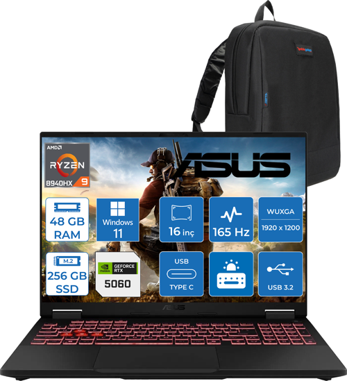 Tuf Gaming A16 FA608PM-RV026 Amd Ryzen 9 8940HX Aı 48GB Ddr5 256GB SSD RTX5060-8GB 115W 165Hz 16"wuxga IPS Windows 11 Hom Taşınabilir Bilgisayar WRV026H11+ZETTAÇANTA