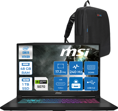Katana 17 Hx B14WGK-048XTR 14. Nesil Intel İ9-14900HX 48GB Ddr5 1tb SSD 8GB/RTX5070 115W 17.3" Qhd (2560*1440), 240Hz IPS Freedos Gaming Bilg. W048XTRF13+ZETTAÇANTA
