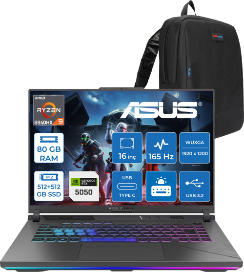 Rog Strix G16 G614PH Amd Ryzen 9 8940HX Aı 80GB GB 512GB+512GB SSD 8GB/RTX5050 Gddr7 115W 16" Wuxga 165Hz 300NİTS Freedos Gaming Laptop WARV057F34+ZETTAÇANTA